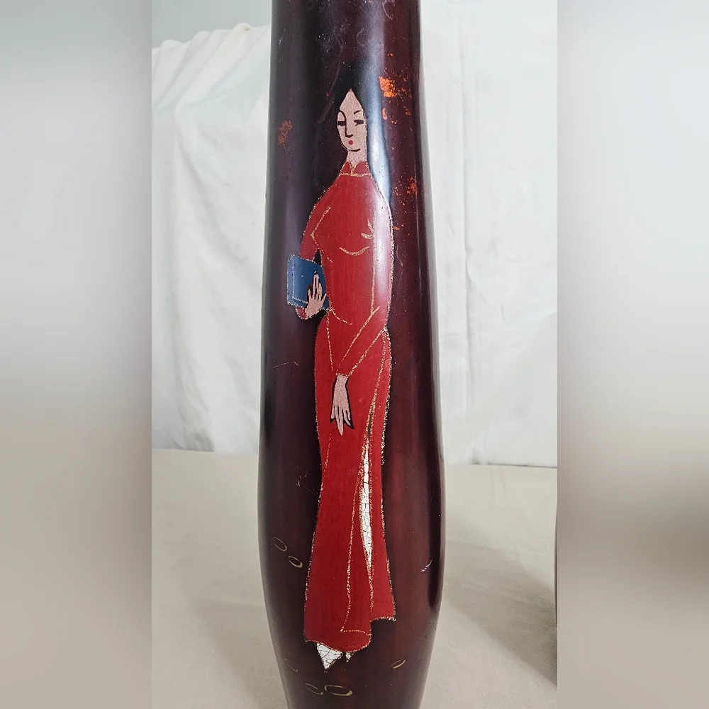Vintage Vietnam Handicraft Lacquerware Vases Set of 2 Ao Dai Eggshell Inlay Arts